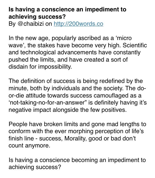 _200words's tweet photo. Is having a conscience an impediment to achieving success?
By @chaibizi on http://t.co/yGFPGddWWl
#success #morality http://t.co/8tb7B7gHWd