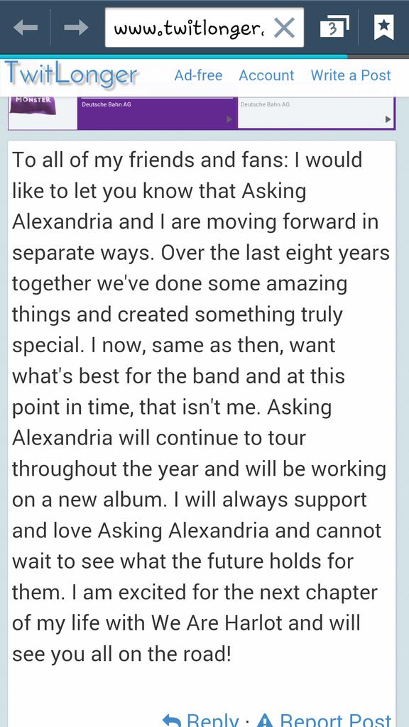 Julia2899's tweet photo. Asking Alexandria is one of my fav bands since 2012
It won't be the same without danny... 😢 #heartbreaking http://t.co/bN5MlJY1Jz