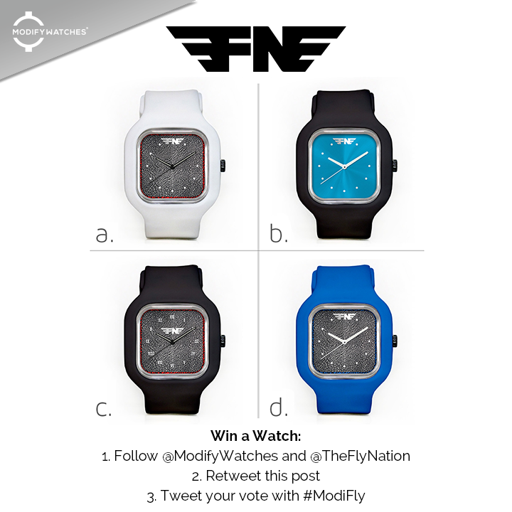 ModifyWatches's tweet photo. We teamed up with @thaflynation to make custom watches! Vote and enter to win your favorite design! #ModiFly http://t.co/JoZ5CIqeYN