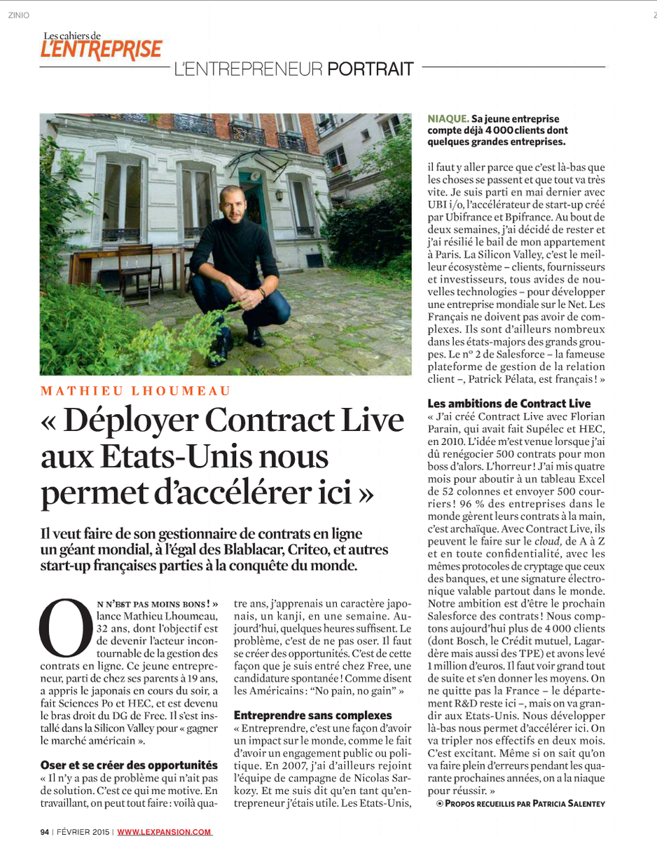 ContractLive's tweet photo. Our CEO, Mathieu Lhoumeau was featured in February's issue of @lexpansion : Entrepreneur Portrait. http://t.co/WaYWnJ3XKJ