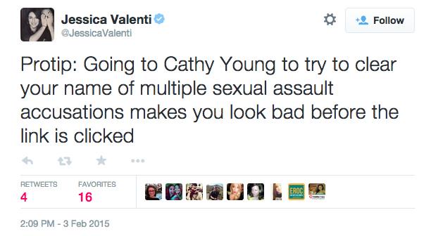 CathyYoung63's tweet photo. For @jessicavalenti, only ppl who can credibly clear you of rape charge are ones who think false charges don't exist. http://t.co/kEs3dPDsQF