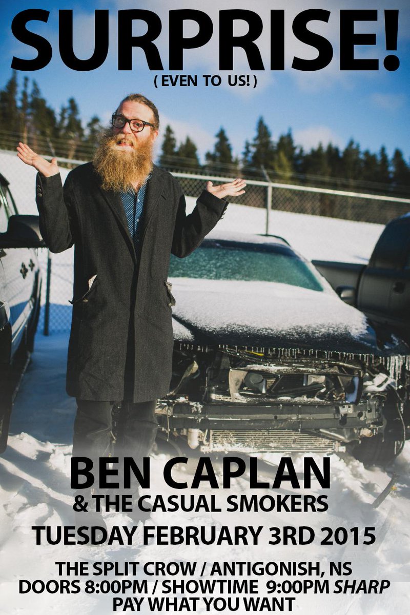 SURPRISE CAR CRASH GIG ANNOUNCED! We're stuck in Antigonish. So we're playing a show tonight! 
Making the best of it!