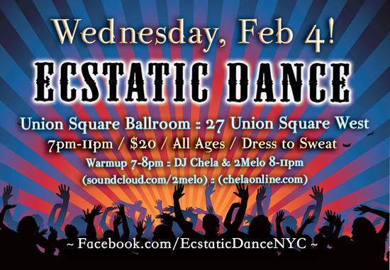 EcstaticDanceNY's tweet photo. Tomorrow #ecstaticdancenyc returns! 7-11pm. Sounds by @Myk2melo &amp; @DJChela, warm up by @ElanaMeta. #ecstaticdance http://t.co/L1U4fzoUKQ