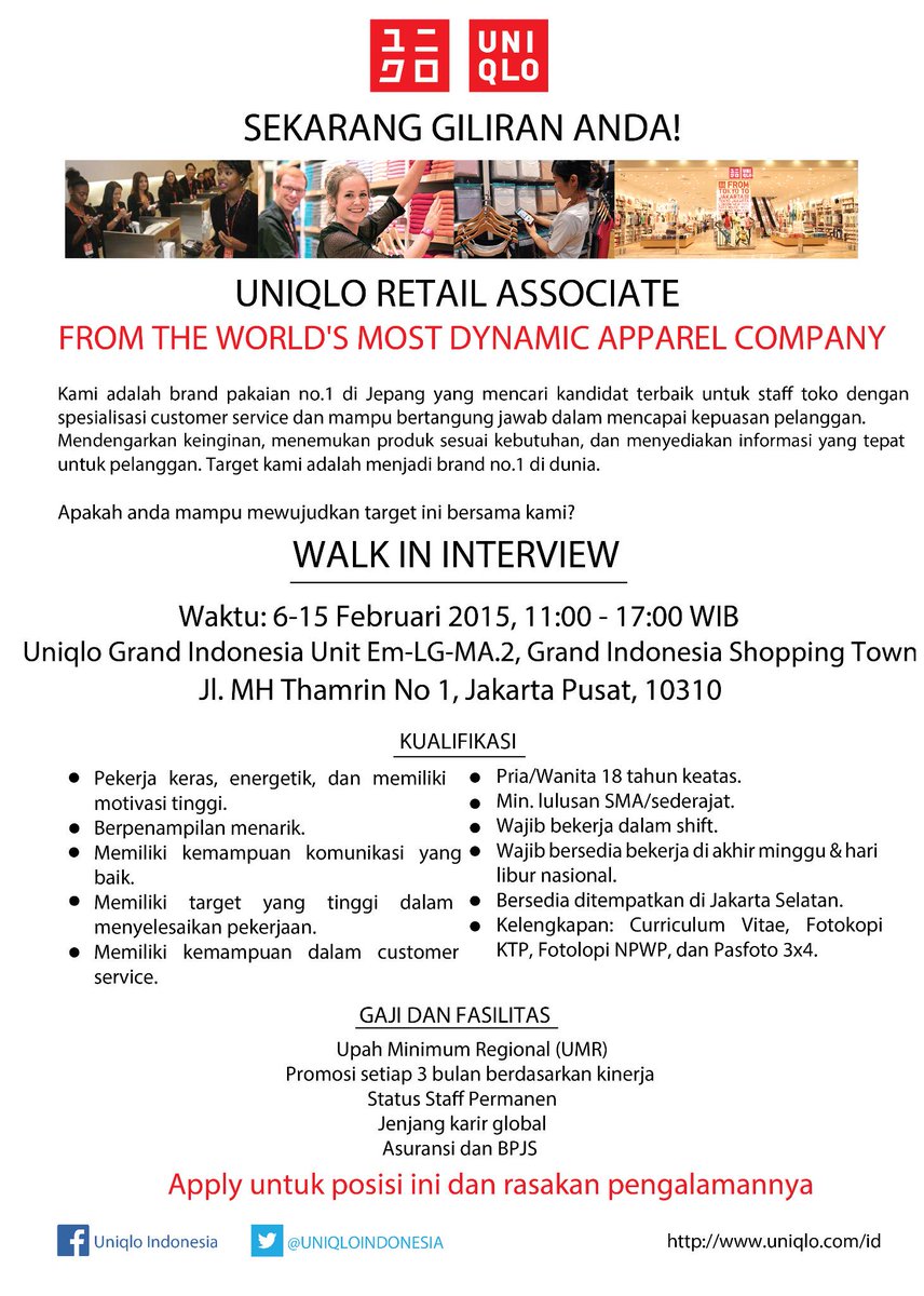 uniqloindonesia's tweet photo. Now Hiring! dibutuhkan store staff, untuk detail silahkan liat ke attachment gambar http://t.co/iljjJEuR2g