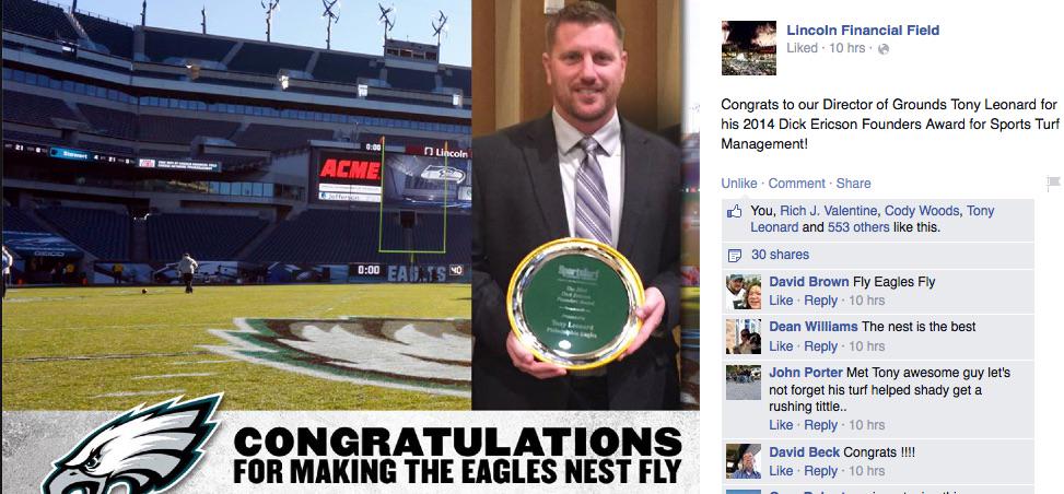 McNiTurf's tweet photo. Eagles Organization recognizes Tony Leonard for receiving #STMA2015 Founders Award. Congrats! http://t.co/CBid7wV62A http://t.co/uNJhgCYkfU