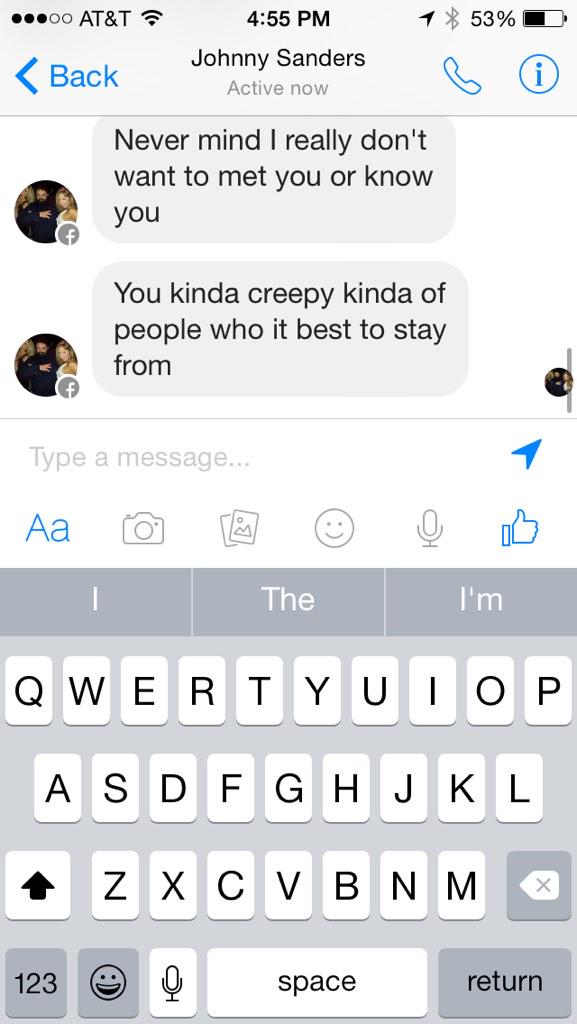 AllisonBrooke94's tweet photo. And I'm the creep? Consider yo hot self blocked Johnny boy! 😂😂😂 http://t.co/RbvSycSBVy