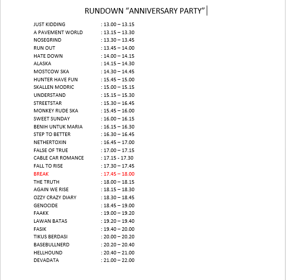 Rundown "Anniversary Party" <a href="/genocidePHC/">GENOCIDE</a> <a href="/Ozzycrazydiary/">Ozzy Crazy Diary</a> <a href="/Bumphc_lmj/">Benih Untuk Maria</a> @FTR_MLG <a href="/falseoftruemchc/">False Of True</a> <a href="/understand/">Lewis</a>