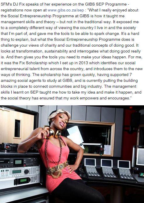 GIBS_SA's tweet photo. @5FM 's #DJFix @Fixsacious speaks of her experience on the SEP Programme &amp; the @FixScholarship http://t.co/3qI30QhyHI http://t.co/cKucbRu4tA