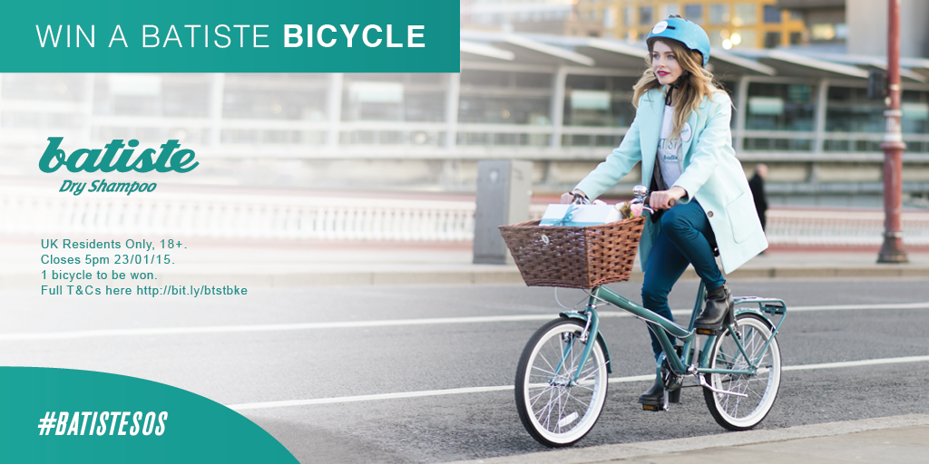 BatisteHair's tweet photo. Have you entered? RT for a chance to win the amazing #BatisteSOS bike! UK Only. T&amp;Cs apply. Competition closes 5pm! http://t.co/KPYgdq6o89