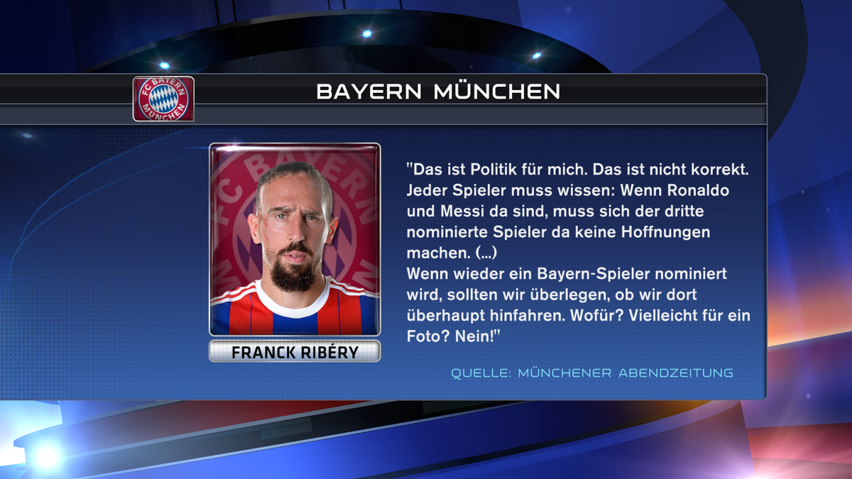 SkySportNews's tweet photo. .@FCBayern: Franck #Ribéry noch immer sauer wegen der #BallondOr-Wahl: http://t.co/E43MWBp8E3