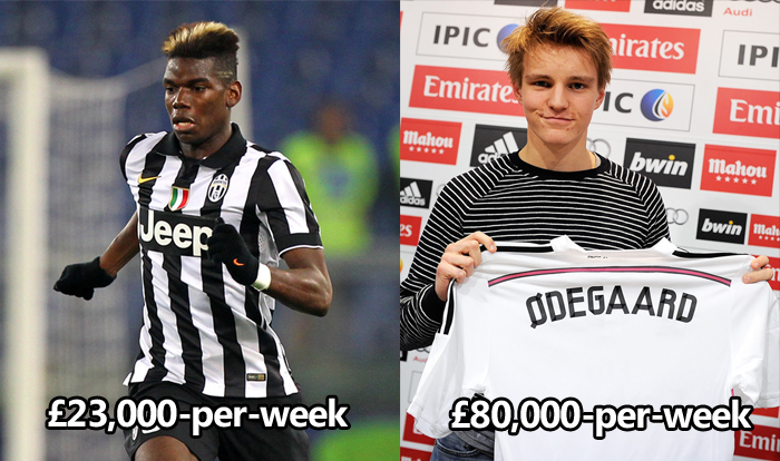 FootballFactly's tweet photo. Martin Odegaard - £80,000 a week at Real Madrid.

Paul Pogba, £23,000 a week at Juventus http://t.co/sCEWal3JRJ