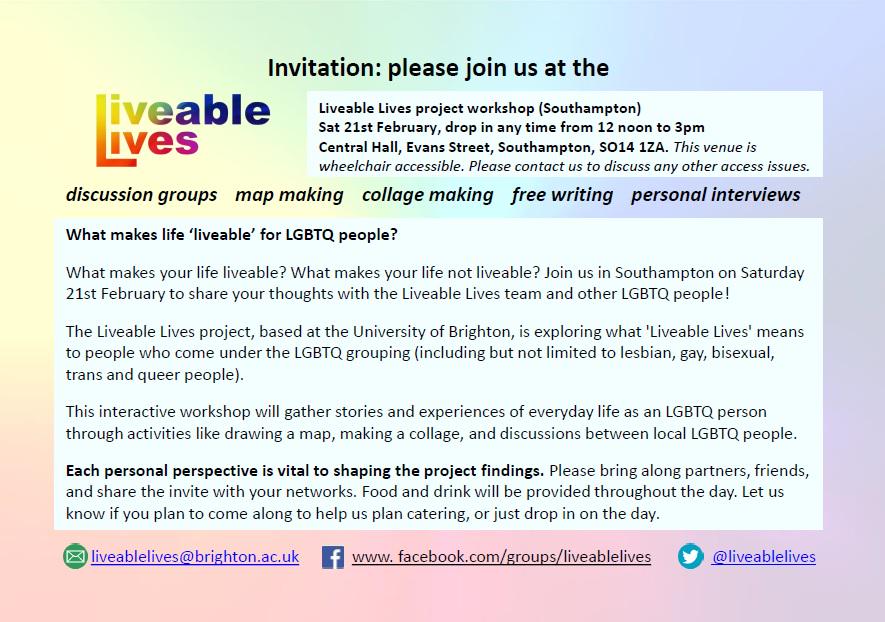 LiveableLives's tweet photo. Next #LiveableLives workshop will be in #Southampton! If you're #LGBTQ please join us on Feb 21st &amp; share yr stories! http://t.co/kXqjs4dwYu