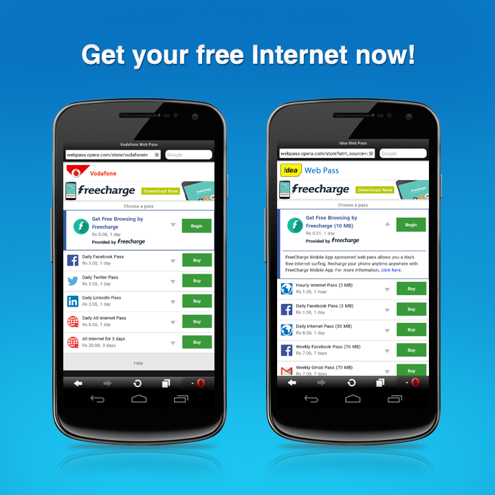 OperaIndia's tweet photo. You said #WeWantFree internet. So, here’s free internet by Freecharge for Idea & Vodafone users only on Opera Mini. http://t.co/9jVaXRWrIN