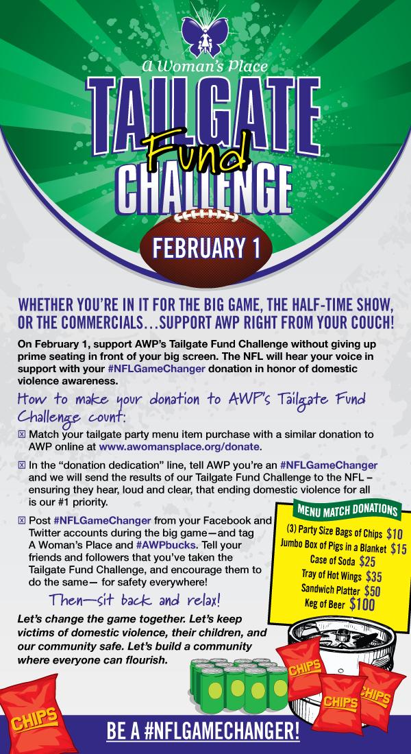 AWPbucks's tweet photo. Meet AWP’s Tailgate Challenge! You can be an #NFLGamechanger  – support AWP and domestic violence awareness on 2/1. http://t.co/MtHnpGO1DS