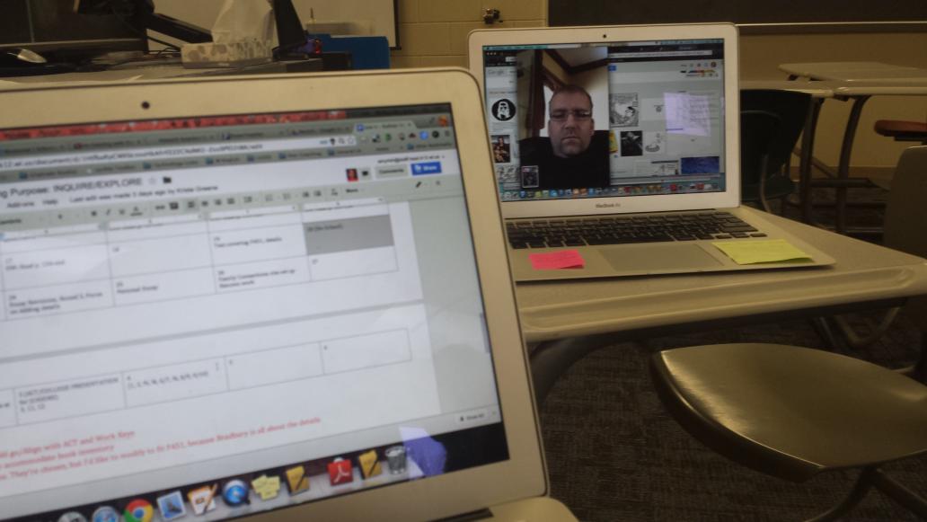 LAwithMrsHR's tweet photo. ELA3 semester 2 planning with Greene and Richards in GB & Adameak skyping in from Sheboygan #teachersusingtechnology http://t.co/SzBBLdMyJY