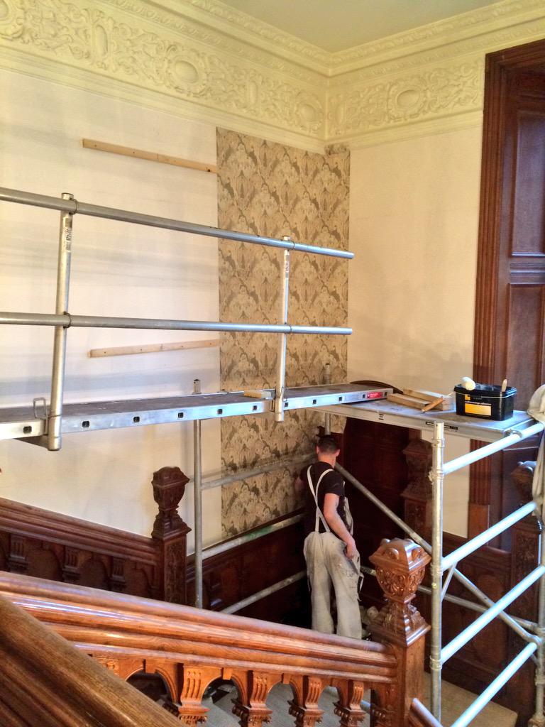 InteriorsNHI's tweet photo. The wallpapering of the Grand Staircase @BoveyCastle has commenced #wattsofwestminster http://t.co/xeTrwK7M7z
