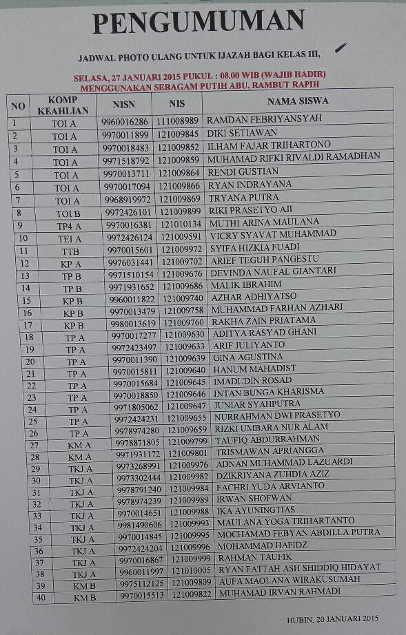 SMKN1CMH39th's tweet photo. Pengumuman untuk pemotretan ulang http://t.co/iS8om6Z7aS