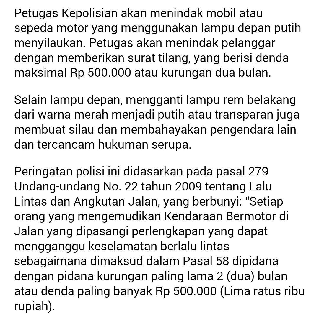 Kendaraan Bermotor Dengan Lampu Depan Putih Menyilaukan Denda Maksimal Rp500.000 / Kurungan 2 Bulan  - <a href="/starjogja/">STAR FM 101.3</a>