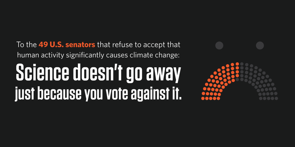 BarackObama's tweet image. These senators are at odds with 97% of climate scientists and NASA. #ActOnClimate