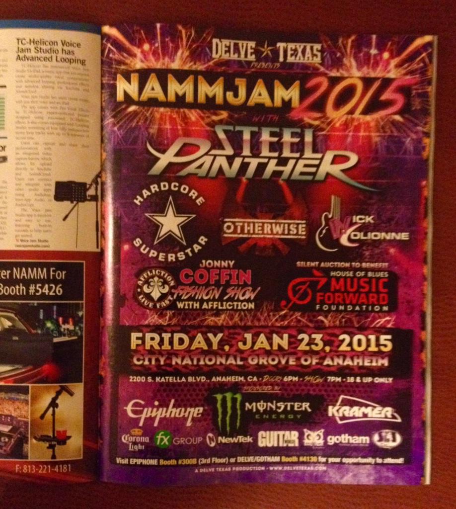 DelveTexas's tweet photo. #NAMM attendees, see ad for @NammJam in #UpbeatDaily, 1st person to bring ad to @DelveTexas booth #4130 wins 2 tiks! http://t.co/wqZALShRsh