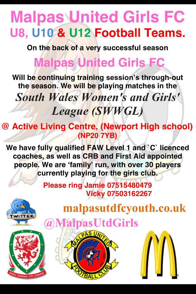 Does your daughter want to play football? <a href="/MalpasUtdGirls/">Malpas Utd Girls FC</a> football teams. Ages U8s, U10s &amp; U12s.