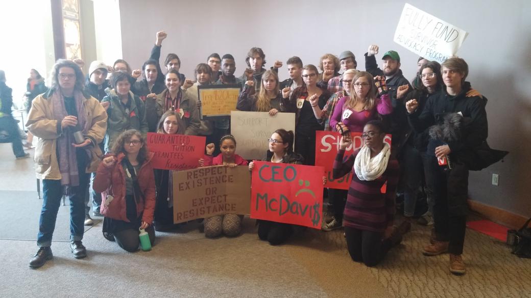 OHStudentUnion's tweet photo. Students with Signs and Mic checks disrupt #boredoftrustees meeting, leading to 3 arrests http://t.co/Y5cII1IeKh