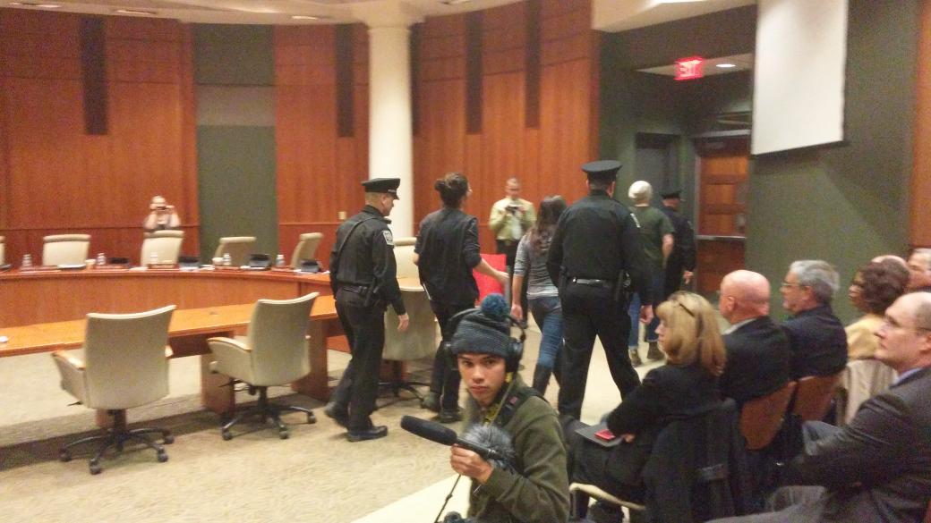 OHStudentUnion's tweet photo. BREAKING: 3 members of the union and @OUfckrapecultur were arrested for disrupting the #boredoftrustees meeting! http://t.co/JNuaO4wMDf