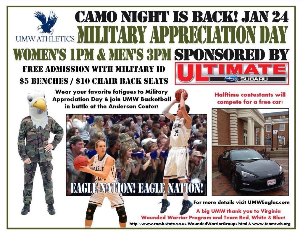 UMWathletics's tweet photo. GET YOUR CAMO FATIGUES READY FOR TOMORROW'S @umwwbasketball &amp; @UMW_Basketball GAMES!!#UMWEagleNation http://t.co/2u3A4gvaoQ