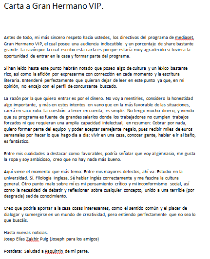 Joe_el_herrero's tweet photo. @GHVIP_tv @telecincoes Mi carta a ustedes, los de Gran Hermano VIP, desde el RESPETO. http://t.co/axZaGjVr1U