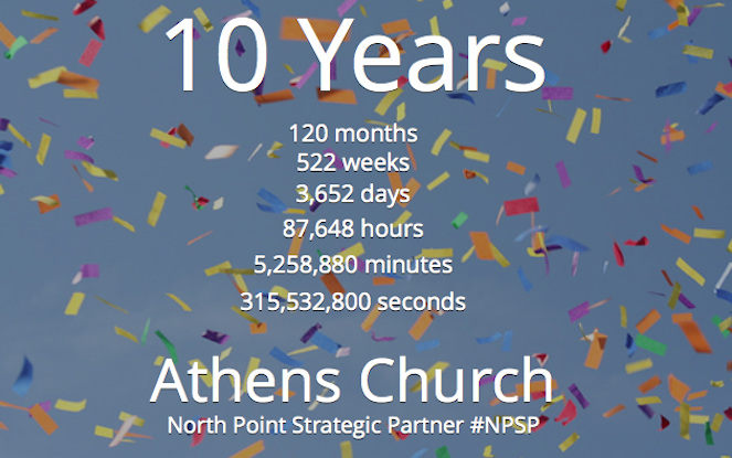 NPMiPartner's tweet photo. Congrats @athenschurch &amp; @seanseay on 10 years! Celebrate with them on Sun, Jan 25 10:30am at Stegeman Coliseum. http://t.co/OpLByLtUyl