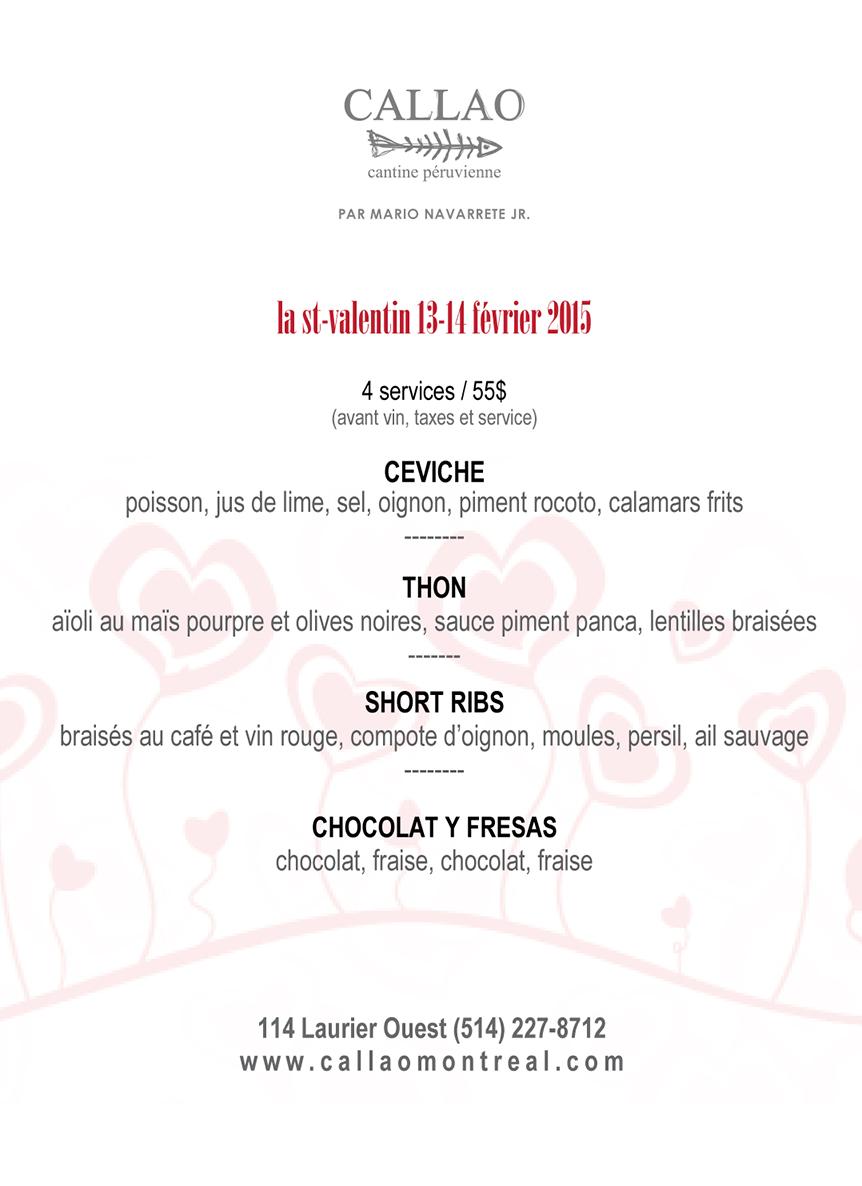 Notre menu St-Valentin les 13 et 14 février 2015
