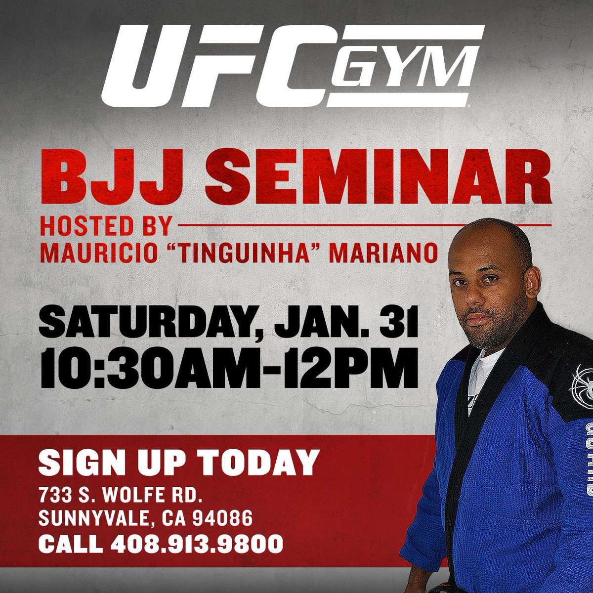 UFCGymSunnyvale's tweet photo. #GrandOpening BJJ Clinic with MAURICIO “TINGUINHA” MARIANO!!!  Sign up at our Front Desk ASAP. http://t.co/VFZlKx8GaY