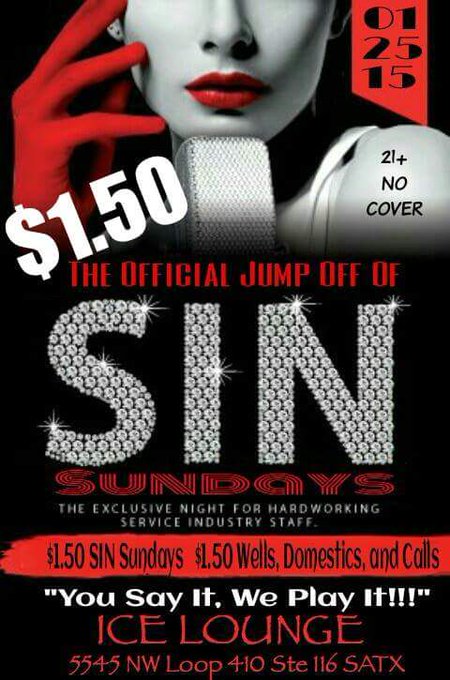 #SinSunday @ICELoungeSA  $1.50 Dom., wells, and calls no cover 21+ ayyeeee see you there http://t.co