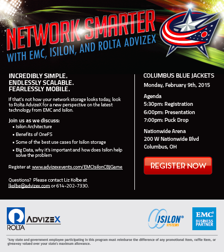 Advizex's tweet image. Join us for a night of #EMCIsilon at the @Col_BlueJackets game bit.ly/1C3zRl2 #AdvizeXEMCEvents