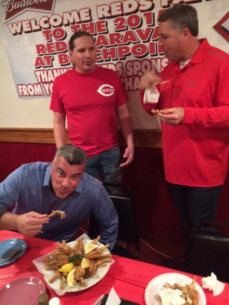 Reds's tweet photo. Talking Reds and eating frog legs in Celina. #RedsCaravan #northtour http://t.co/w2bXwTFy9X