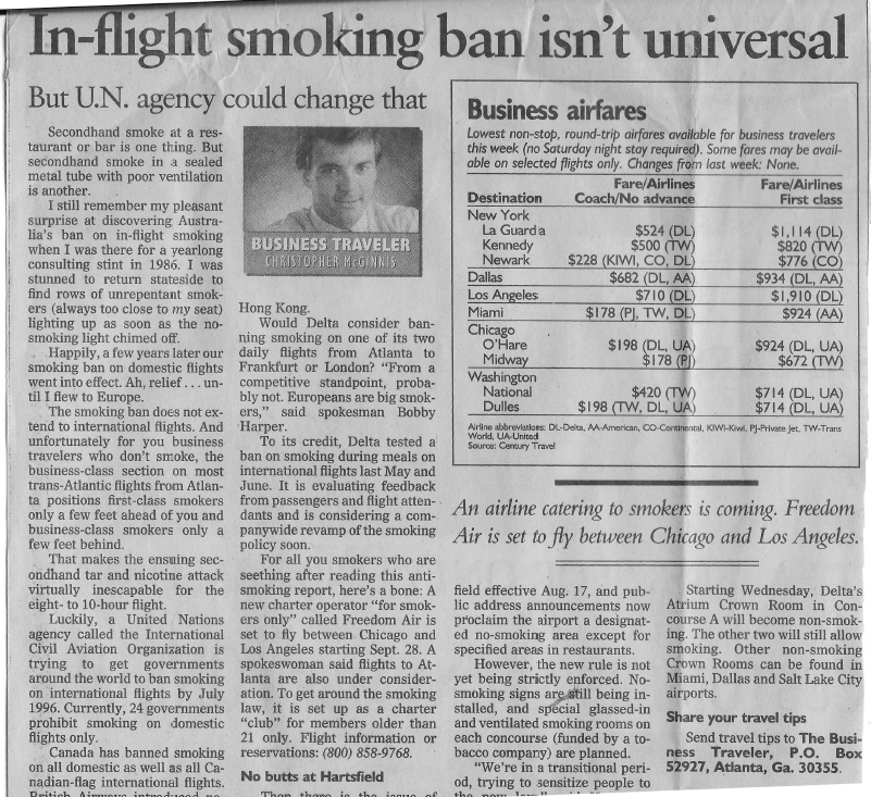 cjmcginnis's tweet photo. Funny to believe that people used to smoke unrepentantly on planes! From @AJC 1993 http://t.co/ppscfxrJ0S