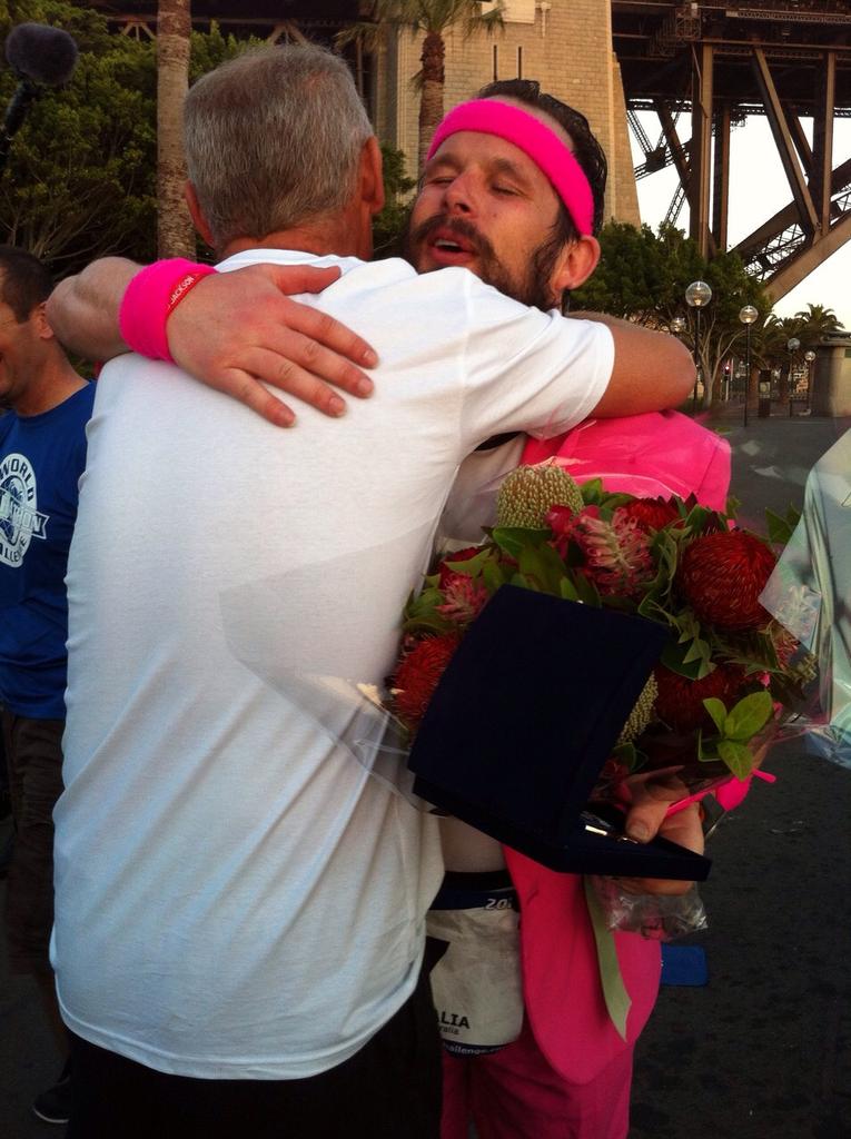 iknowtedjackson's tweet photo. A hug from @georgejelinek founder of Overcoming MS #tedtheledge http://t.co/ktOmK98lRw