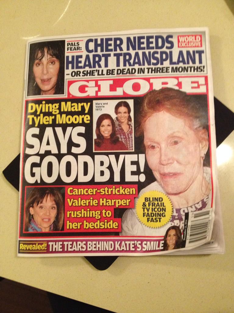 NBC2004's tweet photo. The winner for the most depressing magazine cover award goes to.. Globe Magazine @cher @ValerieHarper http://t.co/OxyhdGPPB8