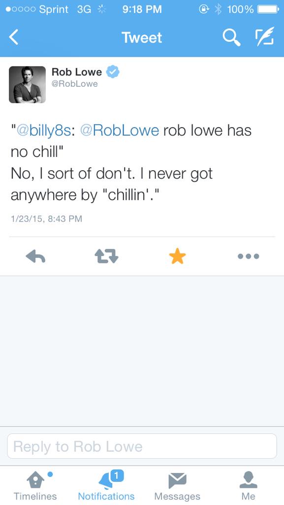 FFL_of_America's tweet photo. Rob Lowe is probably my new favorite person ever. #Preach #NoTimeForChill http://t.co/puVYvA1EAY