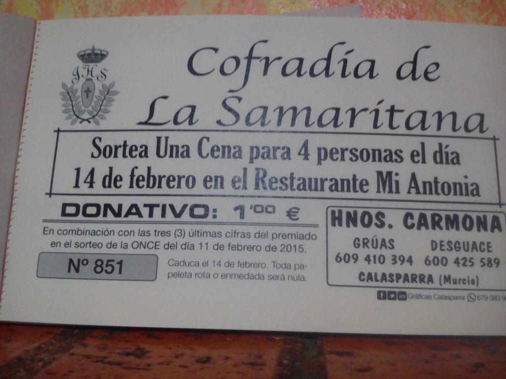 RocioCarmonaGnz's tweet photo. @CfrSamaritana  Sorteo de San Valentin Cofradia Samaritana Calasparra. Colabora con nosotr@s. Gracias. http://t.co/88piXa0CoG