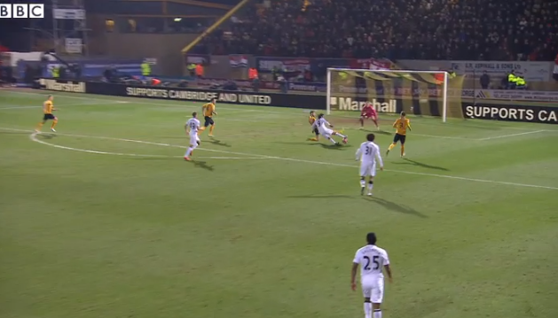 BBCSport's tweet photo. Did you see this great save from @CambridgeUtdFC's Chris Dunn to deny Falcao? Watch (UK only) http://t.co/Os1CnUmwlV http://t.co/zW3ABudCsV