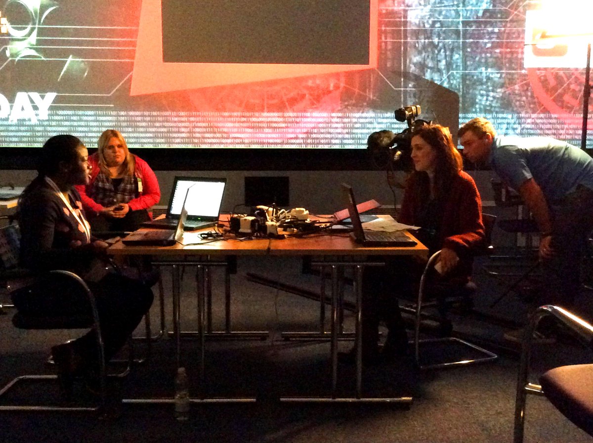 Contestants in @Cyberchallenge being interviewed by <a href="/SkyNews/">Sky News</a> in QinetiQ's Portal room #QQcyberF2F