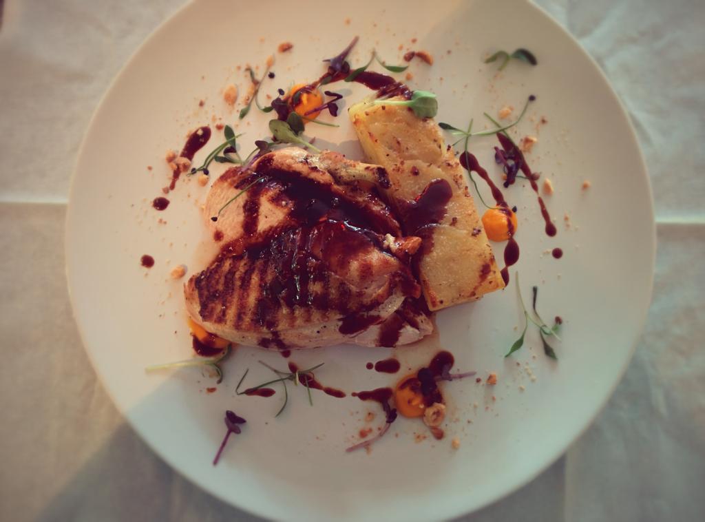 100% local produce in our special, char grilled chicken supreme, potato gratin, carrot puree, red wine sauce. £7.95