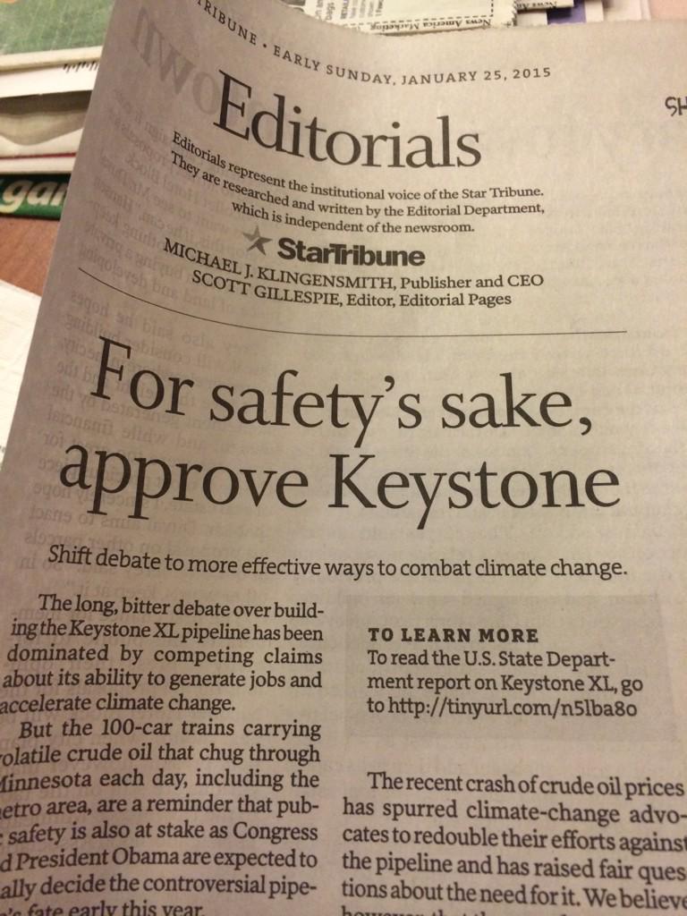 MariaLangholz's tweet photo. We know pipelines fail, we know fossil fuels must stay in the ground. Really now @StarTribune? #noKXL #StopTheClipper http://t.co/bRanrlItJG