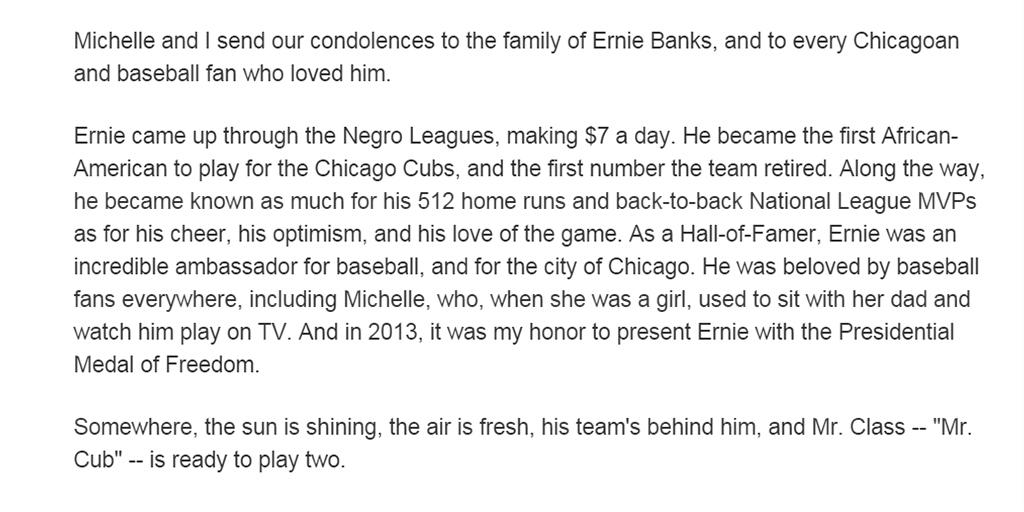 MLB's tweet image. Statement by the President @BarackObama on Ernie Banks' passing.