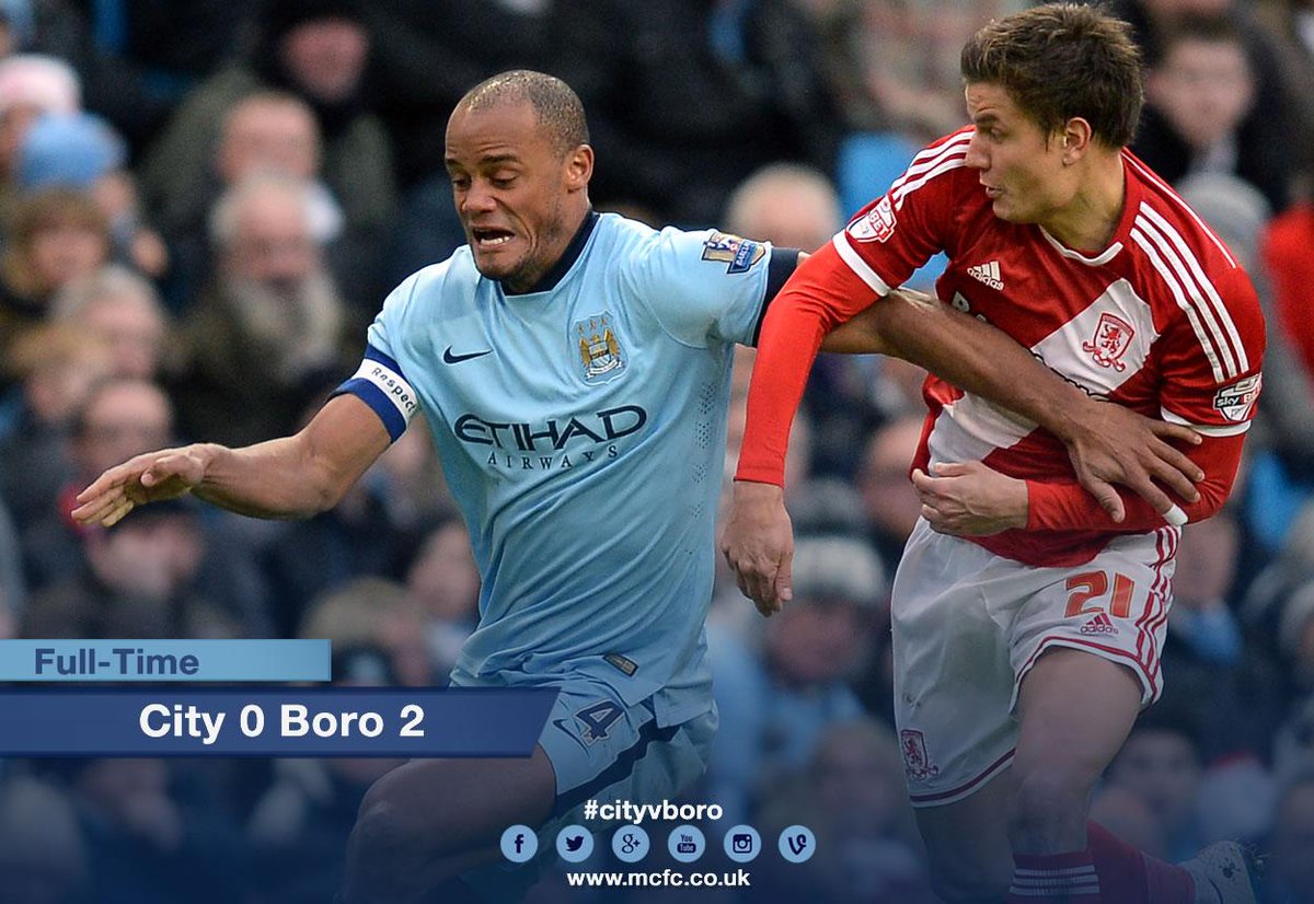 ManCity's tweet photo. FT: City 0-2 Boro it ends. #mcfc knocked out of the #facup at the Fourth Round stage on a disappointing afternoon. http://t.co/klLeaZFfqa