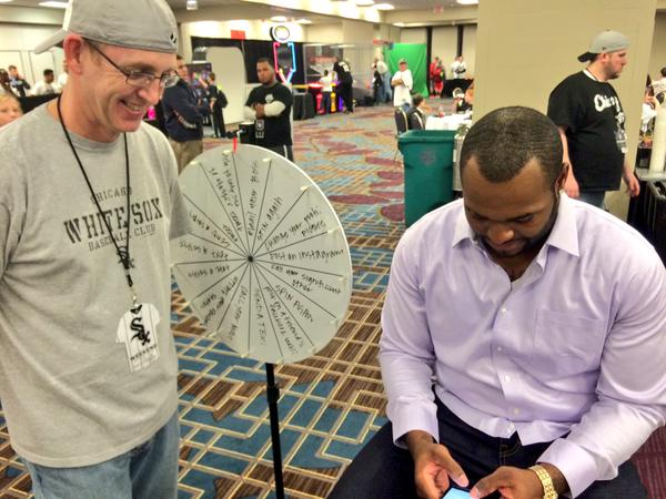 whitesox's tweet photo. .@CHawkins10 had to email this fan's boss after the fan spun the wheel. #SoxFest2015 http://t.co/Ji12l0MDhv