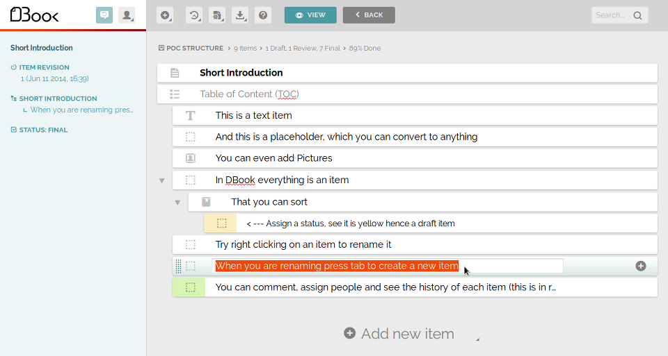 pocpy's tweet photo. Tip 2 #Prewrite in TOC View: Press TAB KEY while enter a title of an item to add a new one. Rename: Mouse Right Click http://t.co/SveJ1TeIyI