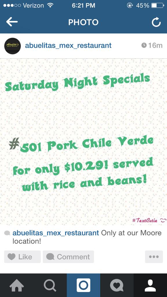 abuelitasmex98's tweet photo. Need dinner plans? Come in and try tonight's special at our Moore location! http://t.co/LBcp90CJjy