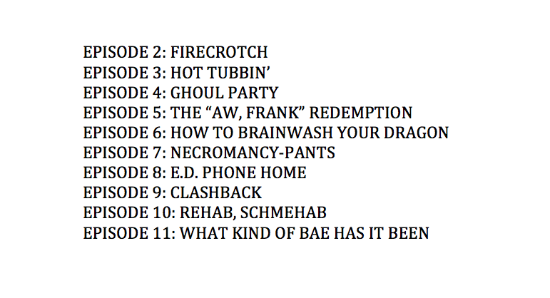 Scope this, inter-nerds: it's all the season one episode titles! No spoilies!